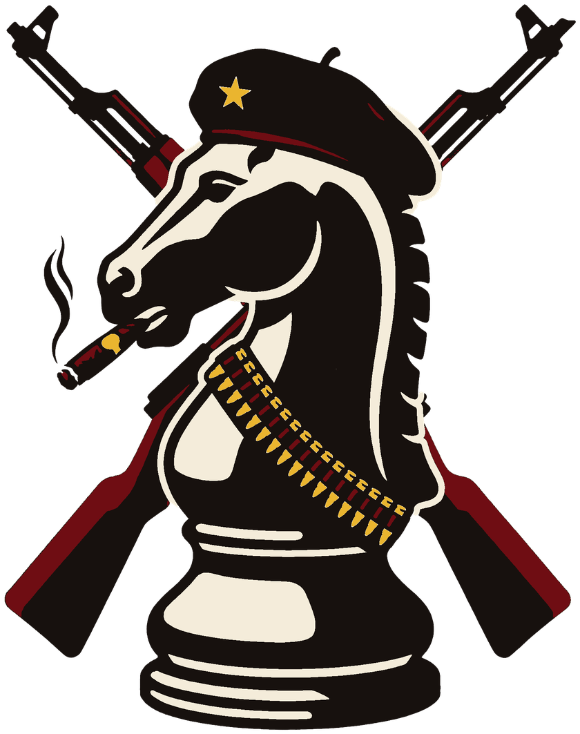 A chess knight in a guerrilla beret with a cigar, a bandolier and crossed rifles